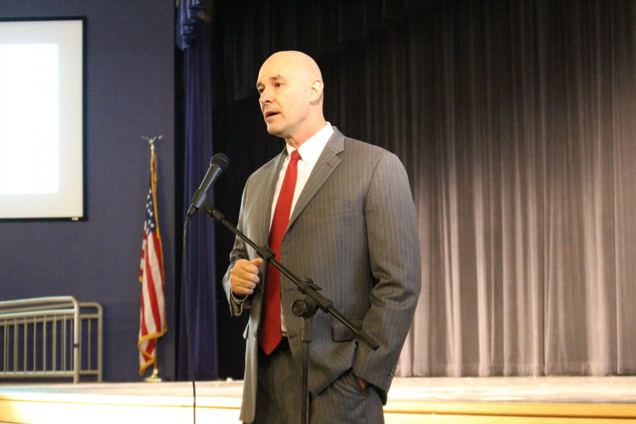 Coppell ISD Superintendent Dr. Mike Waldrip introduces the town hall meeting on Jan. 20 in the Coppell Middle School West Auditorium. The meeting was held to share information about the construction of a new middle school and renovation of CMS West as a freshman center.