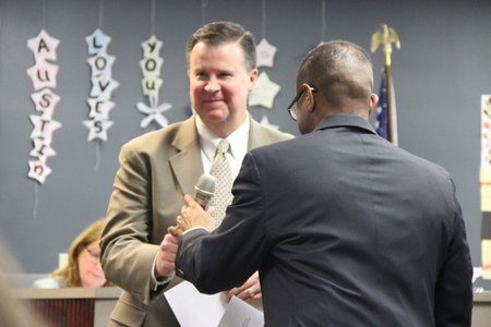 Coppell ISD has named Brad Hunt (pictured with Coppell ISD trustee Anthony Hill at a school board meeting last January) as the districts new superintendent. Hunt, who replaces Dr. Mike Waldrip, is a former CHS principal, teacher and CISD assistant superintendent.  

