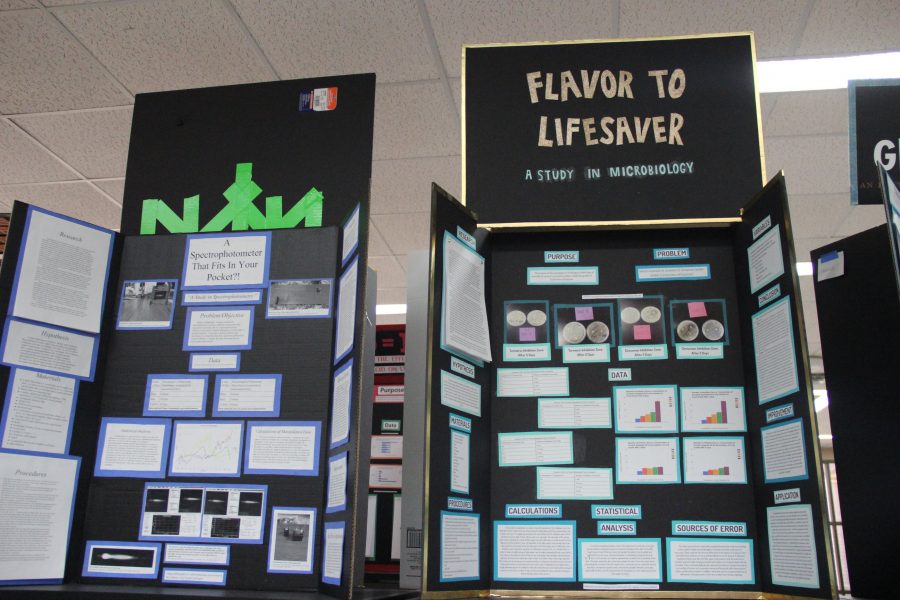 Triboards sit on bookshelves in the Coppell High School library this week following the science fair results.
The best science fair projects are on display for students to learn from and enjoy.