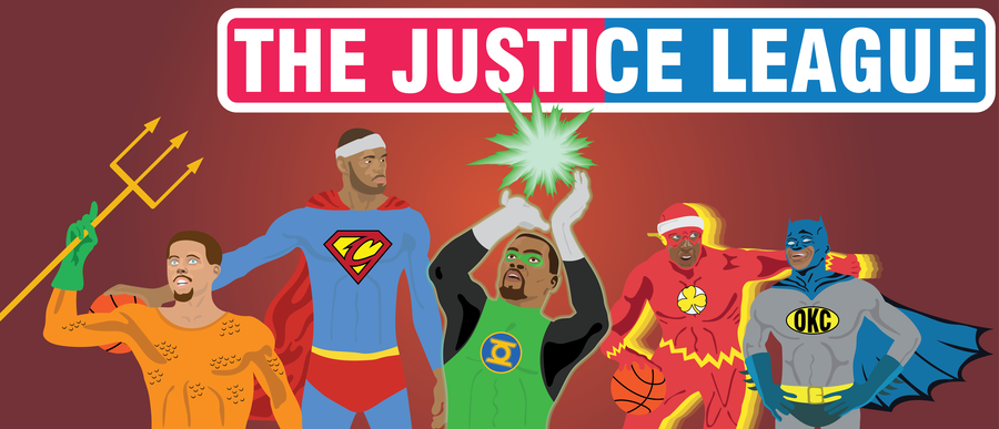 (Left the right): Steph “Aquaman” Curry, LeBron “Superman” James, Kevin “Green Lantern” Durant, Isaiah “Flash” Thomas, Russell “Batman” Westbrook. Lead by LeBron “Superman” James, the Justice League: NBA will aim to save basketball using their wonderful and unique powers. Graphic by Wren Lee. 