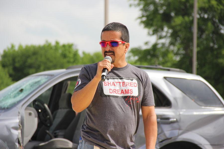 Coppell High School Principal Mike Jasso addresses the juniors and seniors of Coppell after the completion of Shattered Dreams on April 13. Jasso has been the CHS principal since the 2011-2012 school year and is resigning after the completion of the 2016-2017 school year.