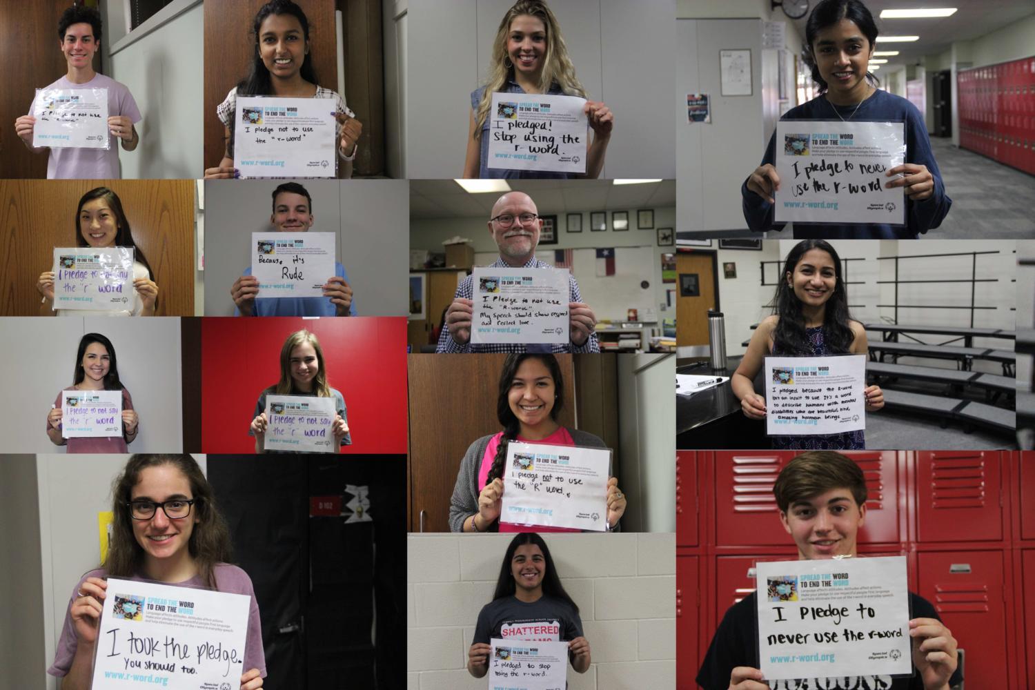 Students and teachers pose with their pledge statement. They signed the pledge on r-word.org to stop saying the r-word. Photos by Amelia Vanyo and Katie Wiener.