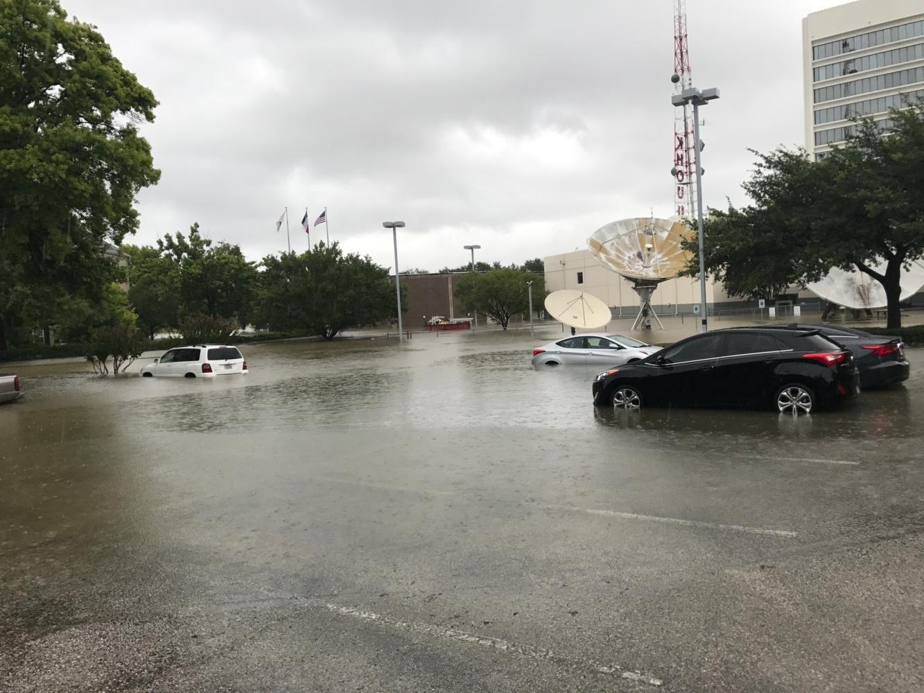 Cars on Allen Parkway at Studemont Street are submerged in water due to flooding caused by Hurricane Harvey. Allen Parkway was hit particularly hard due to its proximity to downtown Houston.