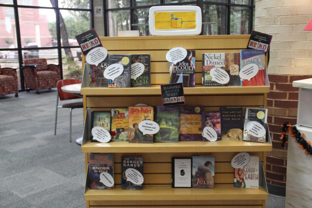 The Coppell High School library encourages students to participate in Banned Books Week. Inside the library, there is a shelf dedicated to banned books promoting freedom of speech.