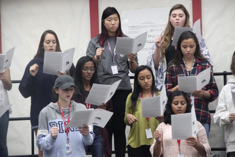 During fourth period, Coppell High School choir students in Acappella Mix Music are practicing solfege as they follow Choir director Bona Coogle. Students are divided by vocal range such as sopranos, altos, tenors and basses. 
