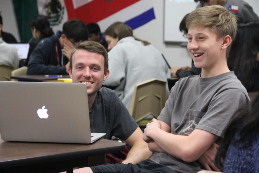 Honors II/III Spanish teacher Trent Pickrell connects with students in his classroom C121. Pickrell is The Sidekicks December teacher of the issue, nominated for  his engagement he has with his students.