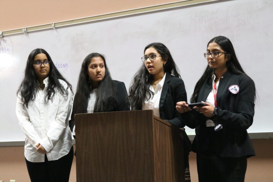 Coppell High School HOSA members, sophomore Vyshnavi Nalla, sophomore Isha Agarwal, sophomore Hima Cheruvu and sophomore Athira Suresh, present their medical topic of drug and substance abuse in the lecture hall on Thursday in the Lecture Hall. About 40 teams of the club prepare for their upcoming competitions in February. 
