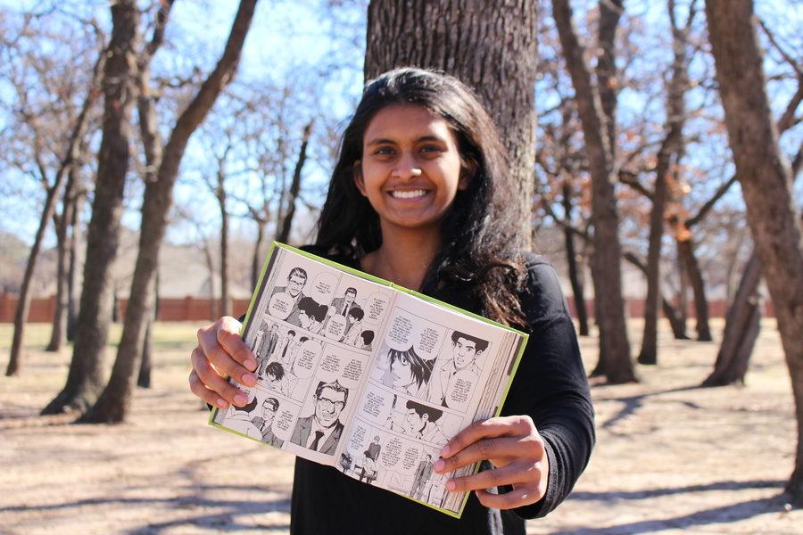 The Sidekick staff writer Pramika Kadari, displaying her manga book, Death Note by Tsugumi Ohba, thinks all forms of storytelling should be equally respected. In addition to graphic novels, Kadari thinks spending time watching television programing is a part of storytelling and beneficial.
