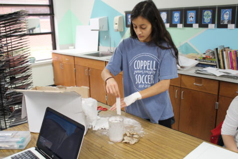 IB Art student Jenna Hussain is working on a personal selected art project for her assignment on Feb. 21.IB Art students and Honors Art I students of Coppell High School have a conjoined class during third period where they both work on various projects and assignments.