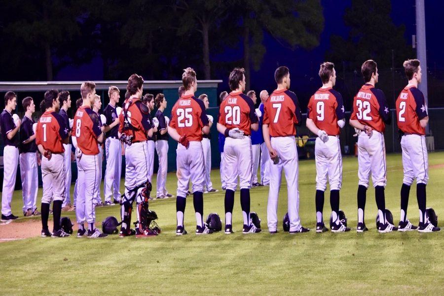 The Coppell boys baseball team and the Montgomery Bears stand for the Pledge of Allegiance during the second game of the Brenham tournament on March 1. The Cowboys will play their third tournament at home and at Prosper starting tomorrow.