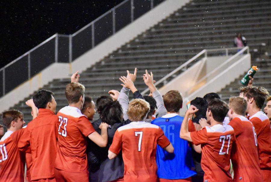 After defeating Mesquite, players huddle up and celebrate their victory after the game at the Wildcat-Ram Stadium. The Coppell Cowboys took home a victory with a score of 3-0, which leads them to the upcoming Regional Tournament in Round Rock next weekend.