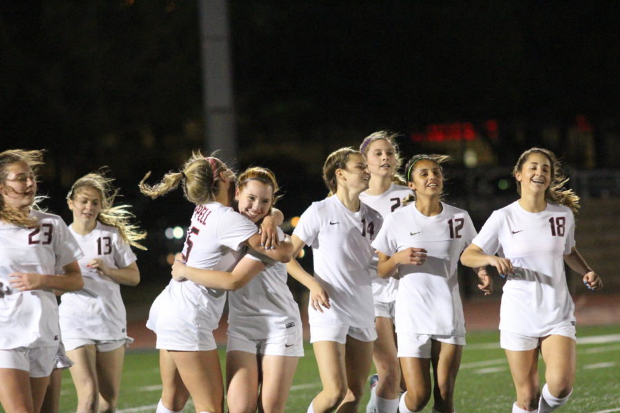 The Coppell Cowgirls celebrate after scoring their fifth goal during the second half of the game on April 3 at Stade Postell Stadium. The Coppell Cowgirls defeated the Mesquite Horn Jaguars 5-0.