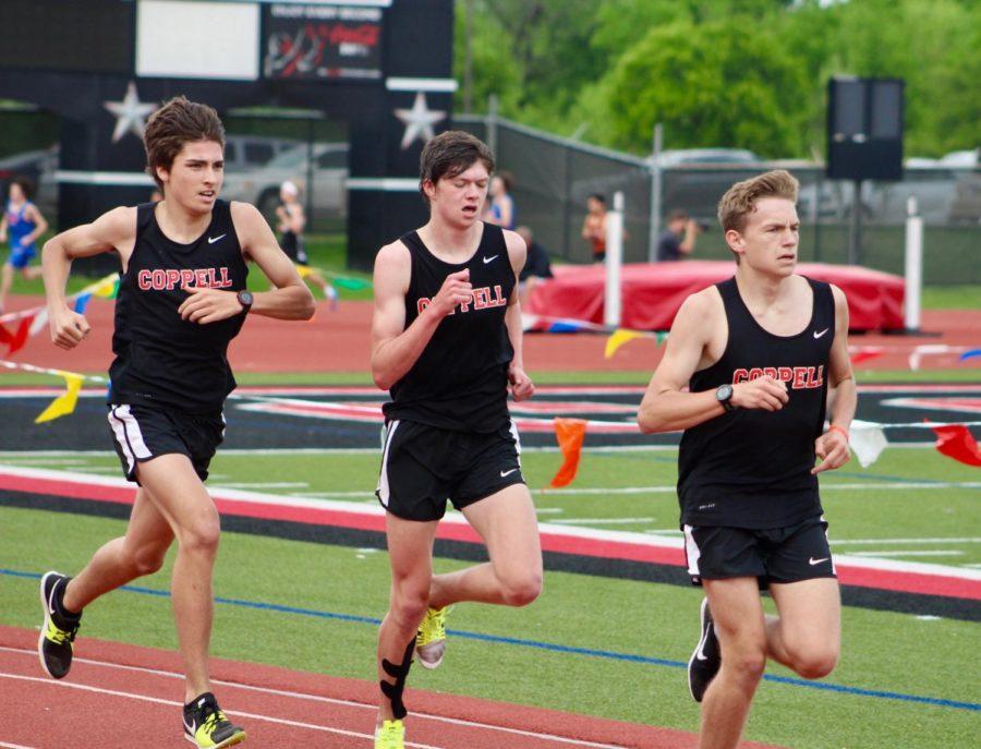 Coppell High School junior Marcos Bohn, sophomore Jackson Walker and junior Kaz Carlsen place first second and third during the district track meet at Buddy Echols Field on Friday. Coppell High School teams all placed first overall. 