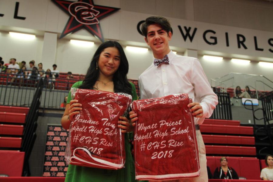 Coppell High School seniors Wyatt Priest and Janane Tan win the CHS Rise Award. During second period on Wednesday, seniors were recognized for academic and athletic accomplishments and college scholarships at the Senior Awards in the arena.