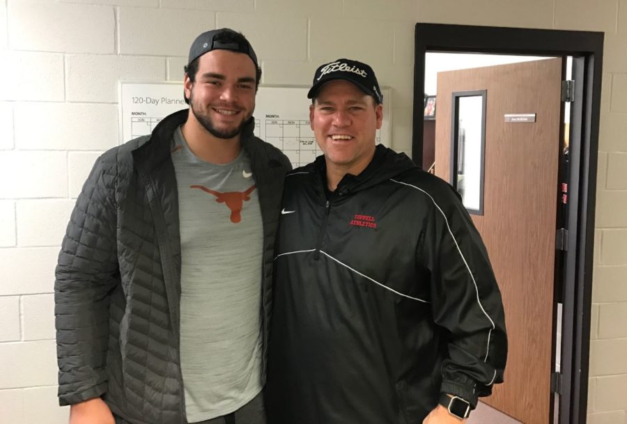 Dallas Cowboy and former Coppell Cowboy Connor Williams poses with a picture with former high school coach and current Athletic Director Joe McBride. Williams is a former UT Austin Longhorn, and was recently selected No. 50 overall as a offensive lineman for the Dallas Cowboys in the NFL Draft. (photo courtesy Joe McBride).
