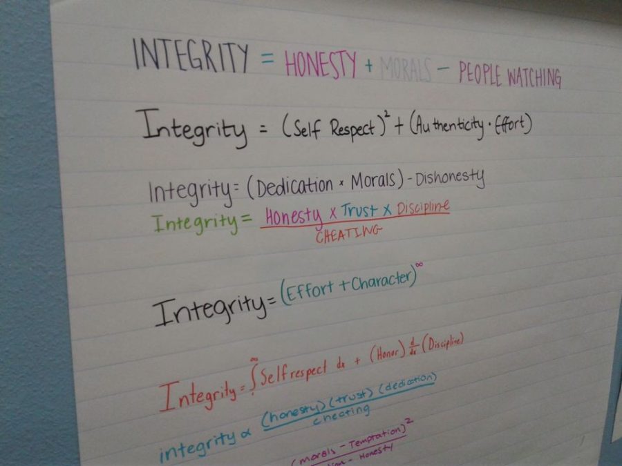 Students in AP Statistics teacher Michele Zugaro’s classes create posters about the characteristics of integrity in the form of math equations on the first two days of the 2018-2019 school year. This year, CHS presents the integrity lessons to expose students to the new purpose statement that the school will be enforcing periodically throughout the year. 