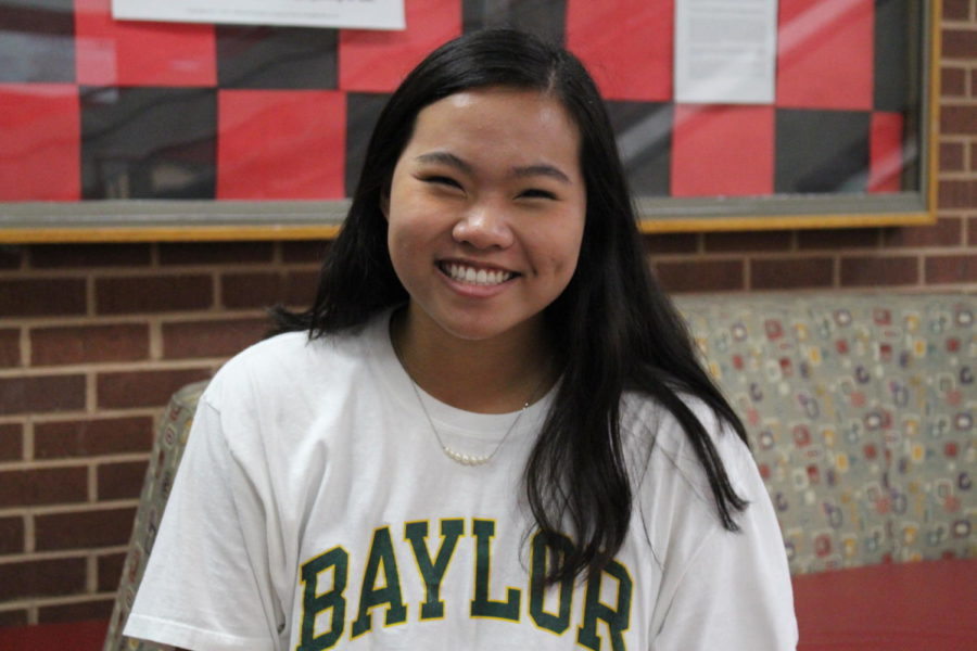 Coppell High School senior Elizabeth Crutchfield wears a Baylor University shirt for “Where to” Wednesday, during which students wear apparel from their dream schools. Student Council is celebrating homecoming week by selecting a different dress-up theme for each day this week. 
