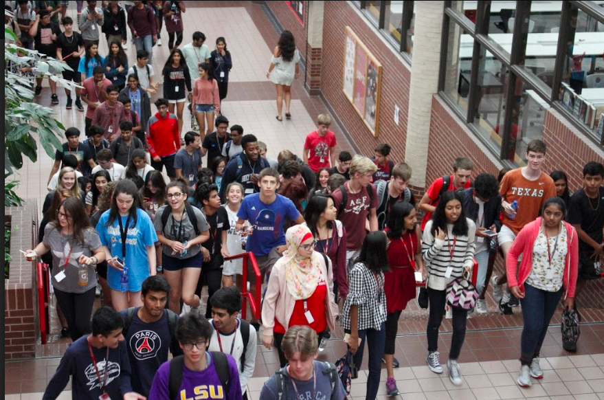 Coppell High School students return to class from lunch. CHS is home to over 4,000 students and staff. 
