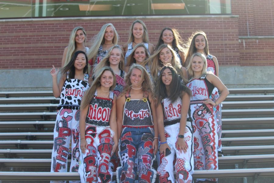 Coppell High School seniors show off their decorated, custom-made overalls at Buddy Echols Field. Seniors spend weeks, even months, choosing between fabrics, trims, patches - fabricating each detail for their overalls.