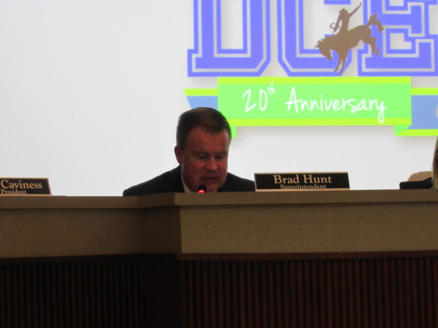 Coppell ISD Superintendent Brad Hunt discusses district highlights on Monday at Vonita White Administration Building. The regular Coppell board meetings are held every fourth Monday.
