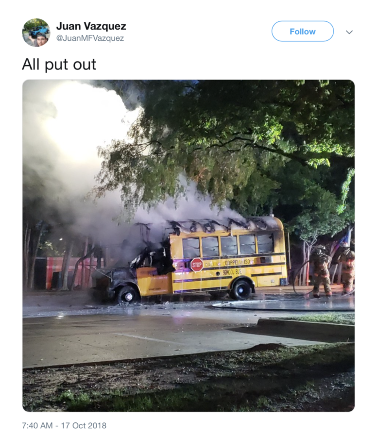 A Coppell ISD school bus caught fire while on its route from Irving to Valley Ranch Elementary. There were no reported injuries.