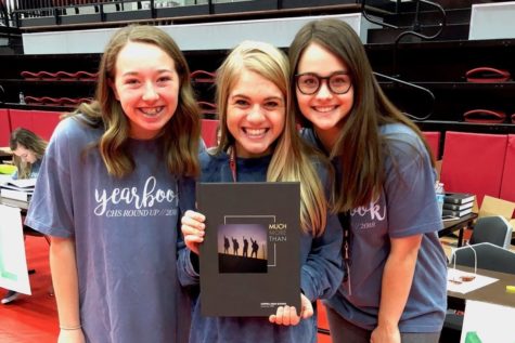 Round-Up yearbook design editor Libby Hurt, editor-in-chief Megan McGahey and managing editor Lauren McCord led the 2017-18 staff in creating the nationally acclaimed yearbook, titled, ‘Much More Than’. The Columbia Scholastic Press Association announced Round-Up is a Crown Finalist for the first time in the program’s history. Photo courtesy Sallyanne Harris.