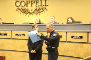 The Coppell City Council honors Police Chief Macario “Mac” Tristan for his service to the City of Coppell. Tristan will be retiring effective Dec. 2 at the City Council meeting on Nov. 13.