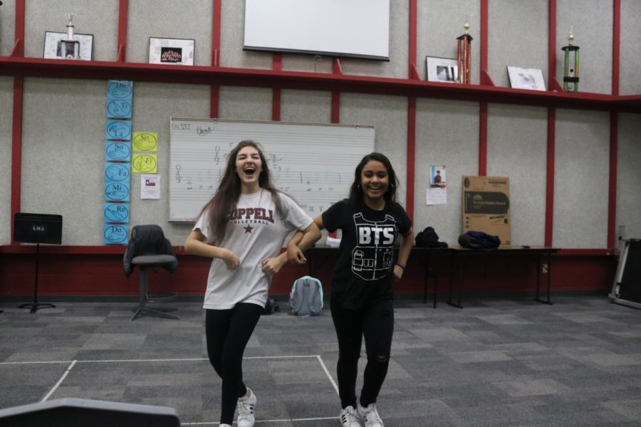 Coppell High School sophomores Elisabeth Nail and Eliana Ochoa perform “As If It’s Your Last” by Blackpink to start off Korean Culture Club’s meeting with a bang. The club meets after school each Monday in F101. 