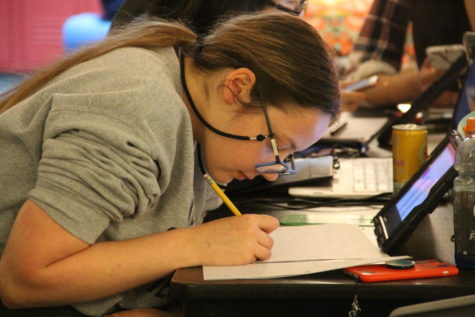 Coppell High School junior Bailey Baskett draws for her visual argument project in Melissa Alexander-Blythe’s GT/AP English III class in third period. For the 2019-2020 school year, the Coppell High School administration will no longer offer Gifted and Talented Advanced Placement (GT/AP) courses.