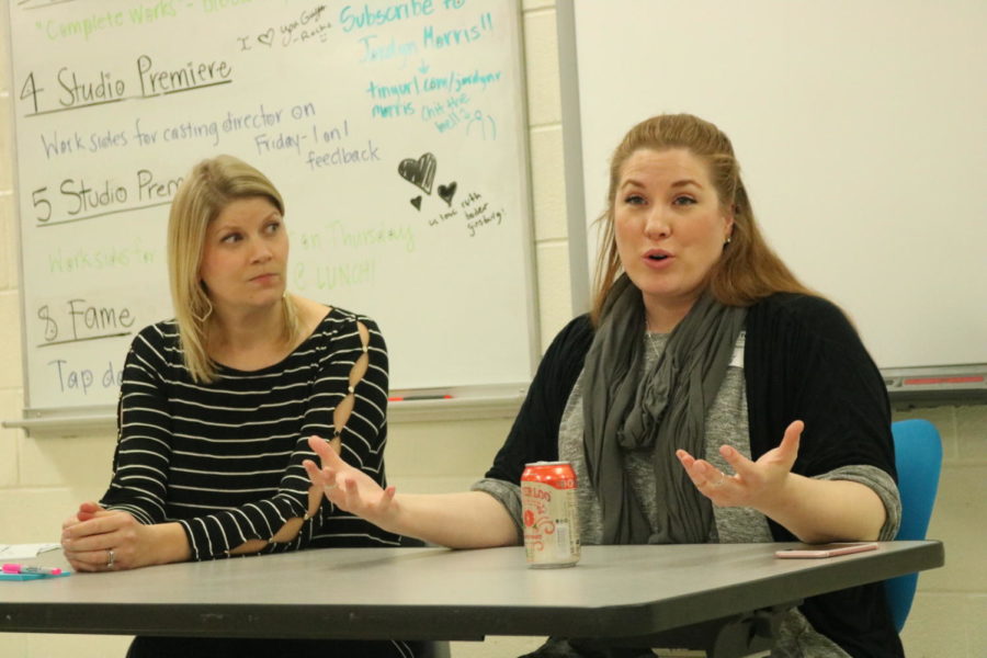 Coppell High School Theatre Director Karen Ruth and Coco Kleppinger discuss helpful tips when auditioning for a character with students on Jan. 10. Coco Kelppinger is currently a casting associate and has helped cast such feature films as IT, Burden, and Game Night. Photo by Bren Flechtner.