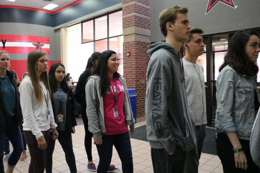 Coppell High School students wait in line to get into the c store during b lunch. The c store is open for all three lunches and serves Chick-fil-A on Tuesdays and Thursdays. 