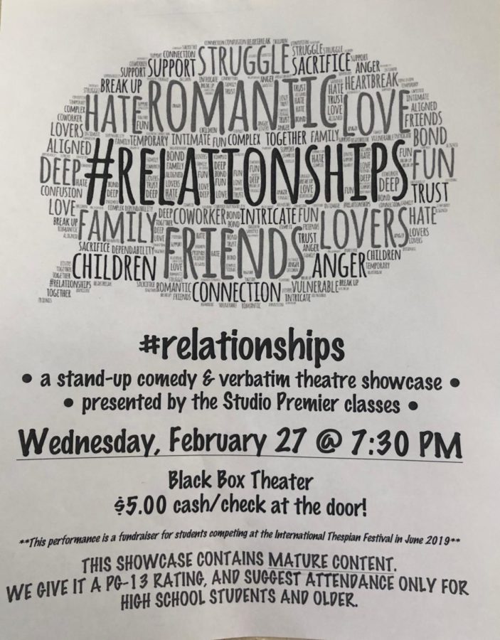 #relationships is a stand-up comedy and verbatim theater showcase, presented by the Coppell High School Studio Premier classes, and also contains mature content. This showcase is tonight at 7:30 p.m. at the CHS Black Box Theatre.
