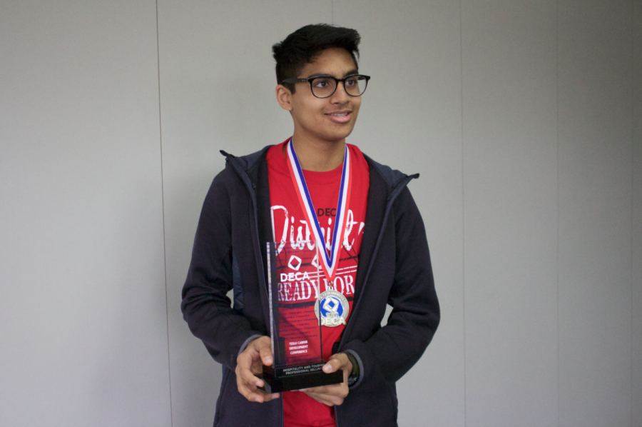 Coppell High School Junior Shivan Golechha presents his award as he discusses the obstacles he had to face during his state DECA competition. Shivan placed in the top presentations in his event and therefore will be competing at Orlando, Florida in April. 