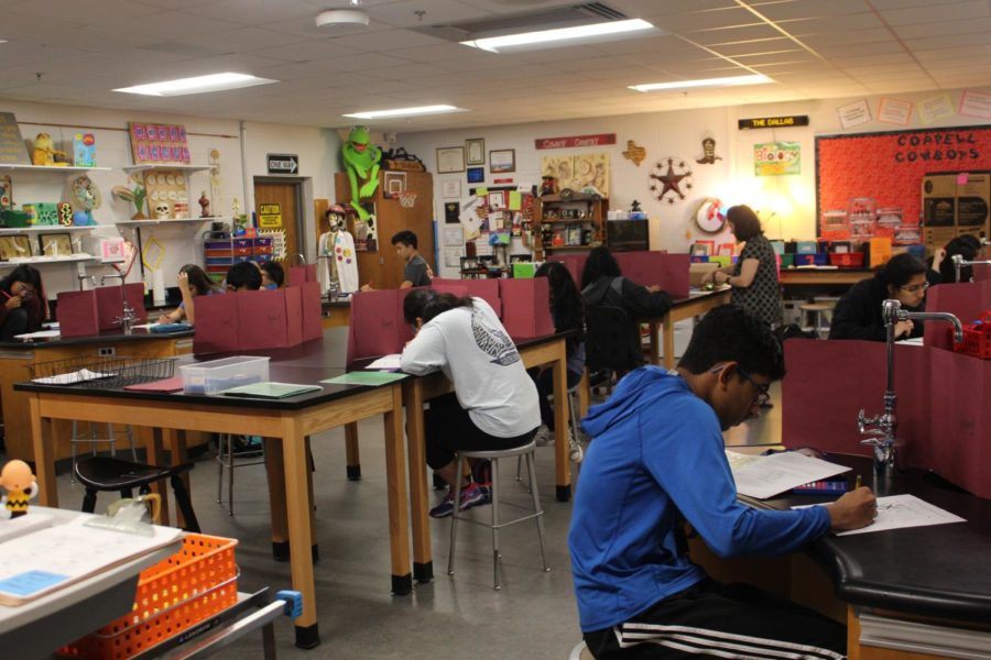 CHS9 Cathy Douglas’s eighth period GT Biology students take their unit test on Feb. 4. The Coppell High School science fair was held at CHS9 on Jan. 24, where 229 students and 130 projects entered.