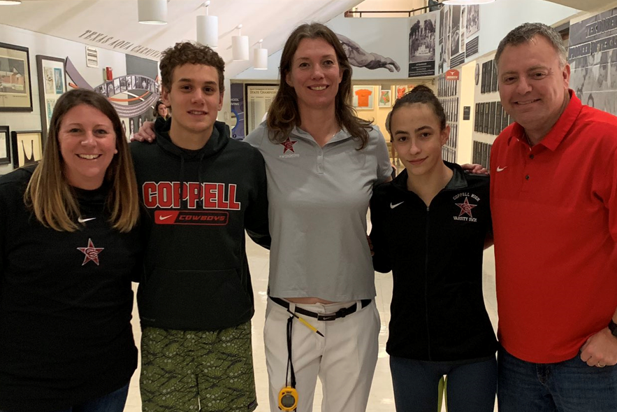 Coppell+High+School+Principal+Dr.+Nicole+Jund%2C+junior+Johan+Pretorius%2C+coach+Marieke+Mastebroek%2C+junior+Aurelie+Migault+and+Coppell+ISD+assistant+athletic+director+Kit+Pehl+traveled+to+Austin+for+the+UIL+Swimming+%26+Diving+State+Meet+at+the+Lee+and+Joe+Jamail+Texas+Swimming+Center+on+Friday+and+Saturday.+Pretorius+placed+12th+in+the+100-yard+backstroke+and+Migault+placed+13th+in+the+100-yard+breaststroke.+