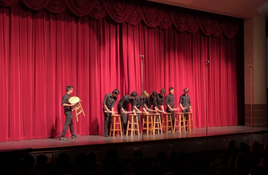 Coppell High School percussionists “Stool Pigeons” perform during the second half of the Purely Rhythmic show in the CHS Auditorium. This annual event is primarily composed of elementary, middle and high schoolers to showcase their musical talents through multiple percussion instruments.