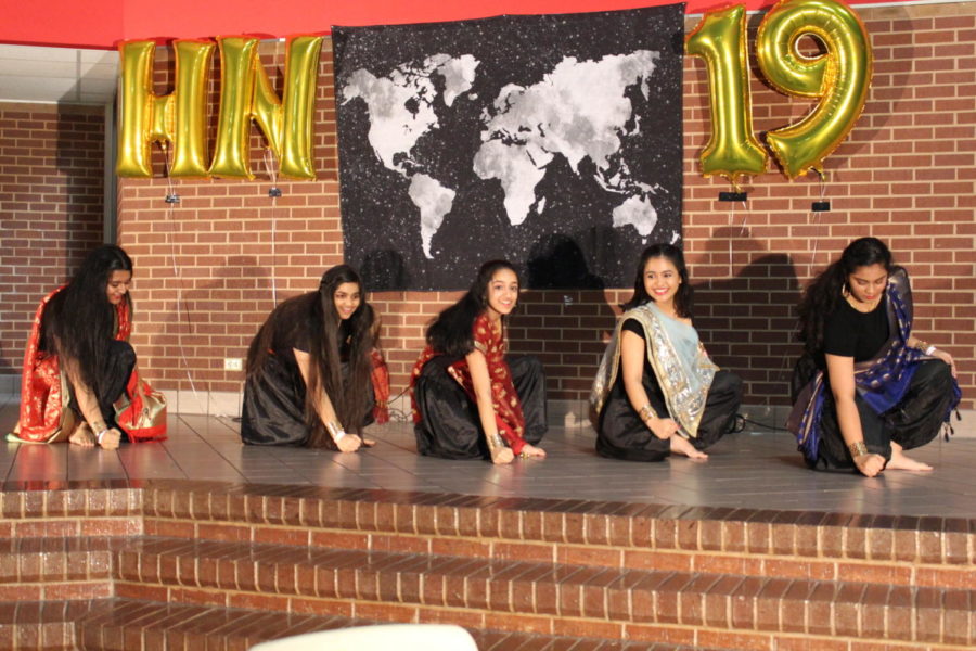 Coppell High School Club Rhythm (left to right) junior Srija Uppu, junior Nupur Rishi, sophomore Maybelle Abraham, junior Shreya Bandopadhyay and sophomore Nikitha Gokaraju  perform a Bollywood melody on Friday night at Coppell High School in the commons. Heritage Night celebrates cultural diversity and brings students together to enjoy this distinction.