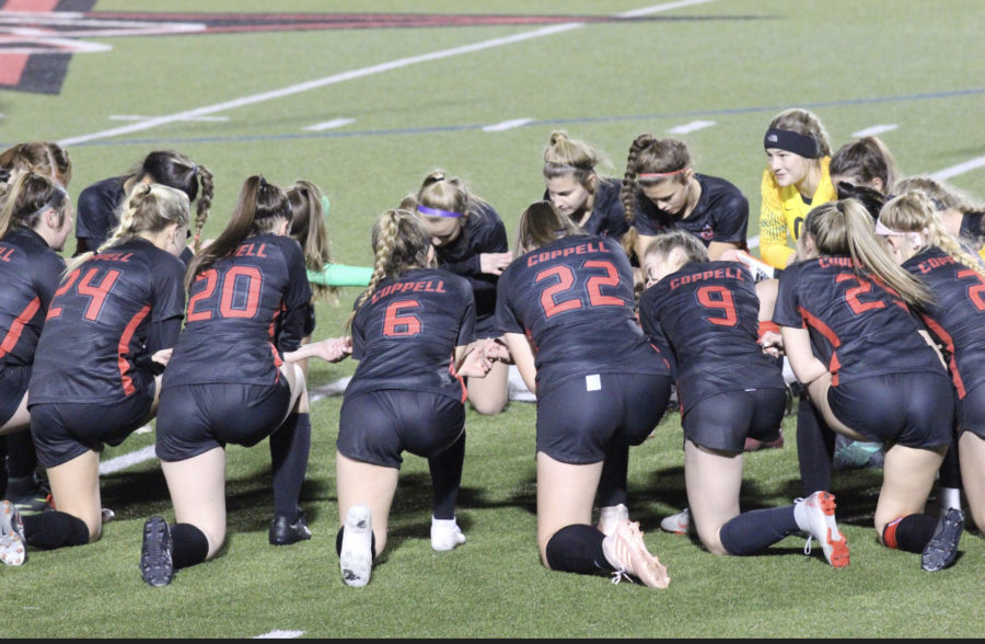 Coppell+High+School+Varsity+girls+soccer+team+clinched+the+District+6-6A+championship+with+a+5-1+win+over+Irving+on+Friday.+Their+third+consecutive+championship+title+comes+after+22+wins%2C+with+two+more+games+left+in+the+season.