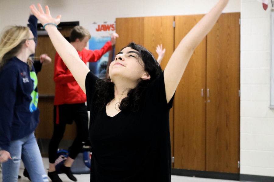 Coppell High School sophomore Tiffany Mares-Camerena dances after her solo in “Another Day of Sun” from the film La La Land. The Fame musical theater class has its showcase on April 16 and April 18 in CHS auditorium. 