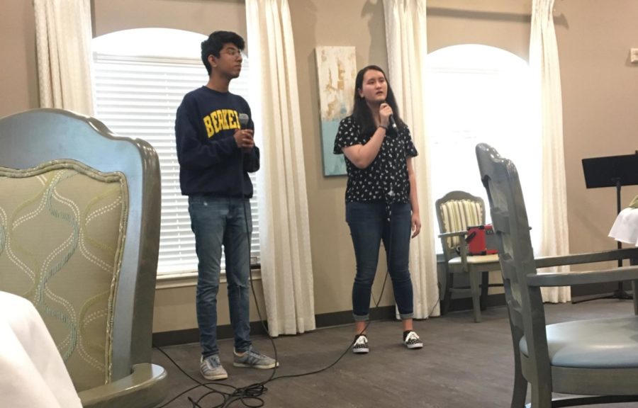 On April 7, juniors Eva Theel and Shreyas Rajagopal sing “Best Part” by HER and Daniel Caesar at St. Joseph’s Senior Home for Encore Talent Group. Rohil Verma and Alec Klem created a website for the group and hope to create a network of venues and performers.