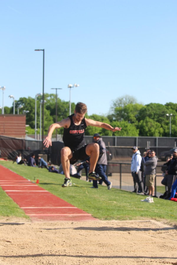 Coppell senior Jeremy Basso competes in the triple jump during the Class 6-6A District Track and Field meet, which started Thursday and concluded yesterday. The Cowboys won the meet, while the Cowgirls placed second. 