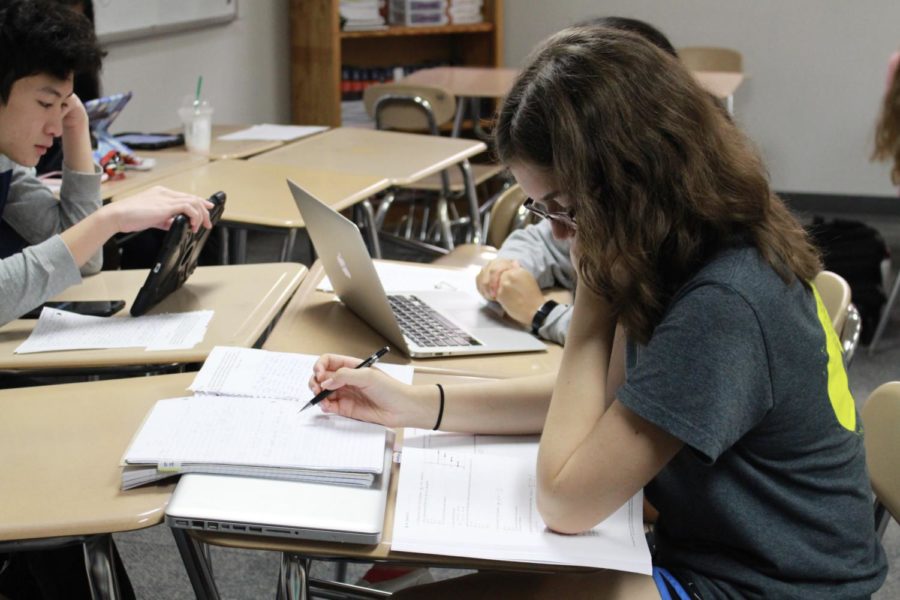 Coppell High School junior Emilie Sangerhausen prepares for her AP exam in Eligio Mares’ fifth period AP Spanish Language and Culture class on Monday. Students are preparing by studying for the upcoming exams tomorrow morning. 