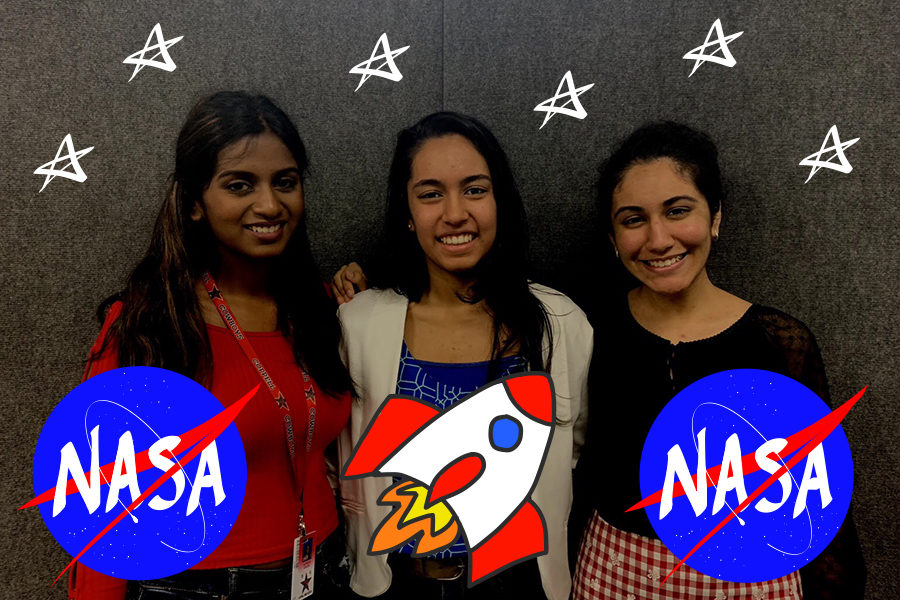 Coppell High School juniors Suprita Ashok, Aditi Mutagi and Akansha Singh qualified for a learning experience this summer at NASA’s Johnson Space Center. These students, along with four others, were nominated for the program for their intelligence in math, engineering, science and computer science. Photo illustration by Olivia Palmer and Lilly Gorman.