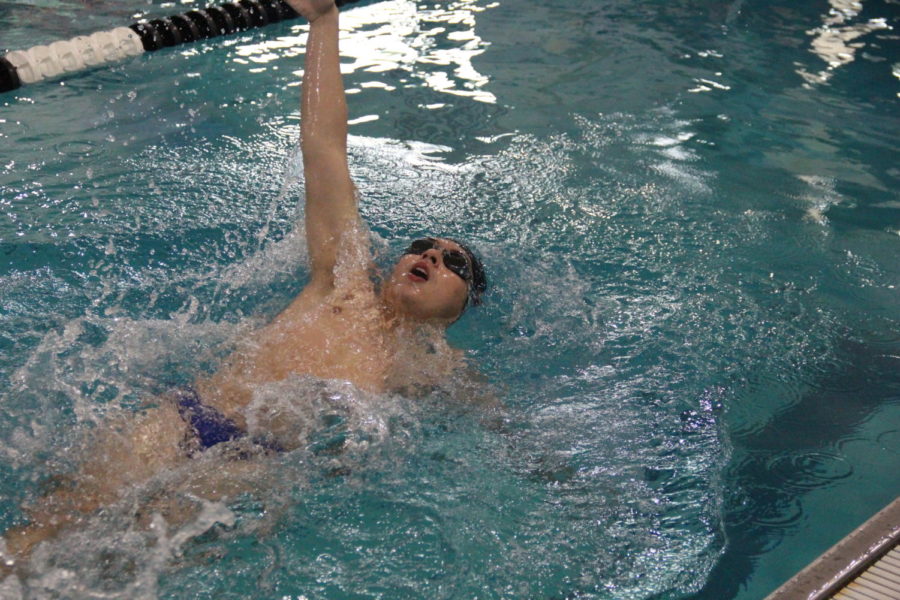 Coppell+High+School+senior+varsity+swimmer+Elieser+Gonzalez+practices+his+backstroke+during+an+intrasquad+scrimmage+on+Thursday+at+the+Coppell+YMCA.+The+Coppell+High+School+swim+team+defeated+J.J.+Pearce+on+Friday.