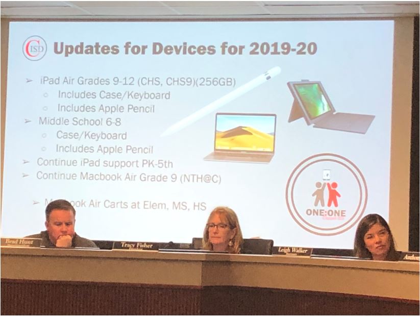 On April 29, the Coppell ISD Board of Trustees looks over the proposed technology plan for next year. Students in grades 9-12 will receive iPads Airs, along with an attachable keyboard and an Apple pen. Students in grades 6-8 will also receive the keyboards and Apple Pens, but not the iPad Airs.