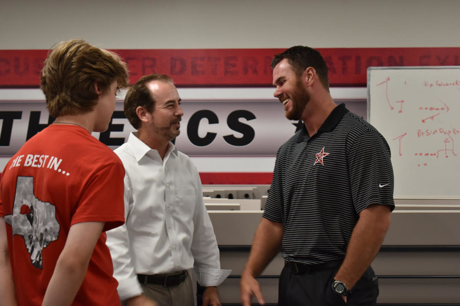New+Coppell+head+baseball+coach+Ryan+Howard+meets+with+players+and+parents+on+July+1+in+the+CHS+fieldhouse.+Howard+previously+worked+at+Lake+Dallas+High+School+for+three+years+as+head+coach.+