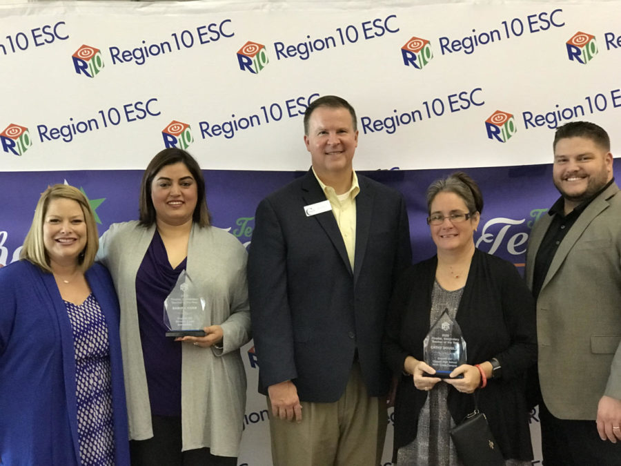 Fifth grade Lee Elementary teacher Samira Khan and CHS9 biology teacher Cathy Douglas receive the titles of elementary and secondary Region 10 finalists at an event at Southfork Ranch on Aug. 1. Khan and Douglas stand with their respective principals, Lee Elementary Principal Chantel Kastrounis and CHS9 Principal Cody Koontz, as well as CISD Superintendent Brad Hunt.