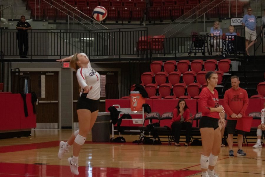 Coppell+senior+defenive+specialist+Victoria+Wiegand+serves+during+the+District+6-6A+opener+against+Irving+Nimitz+at+the+CHS+Arena+on+Sept.+13.+The+Cowgirls+face+Marcus+tomorrow+at+6%3A30+p.m.+in+the+CHS+Arena.