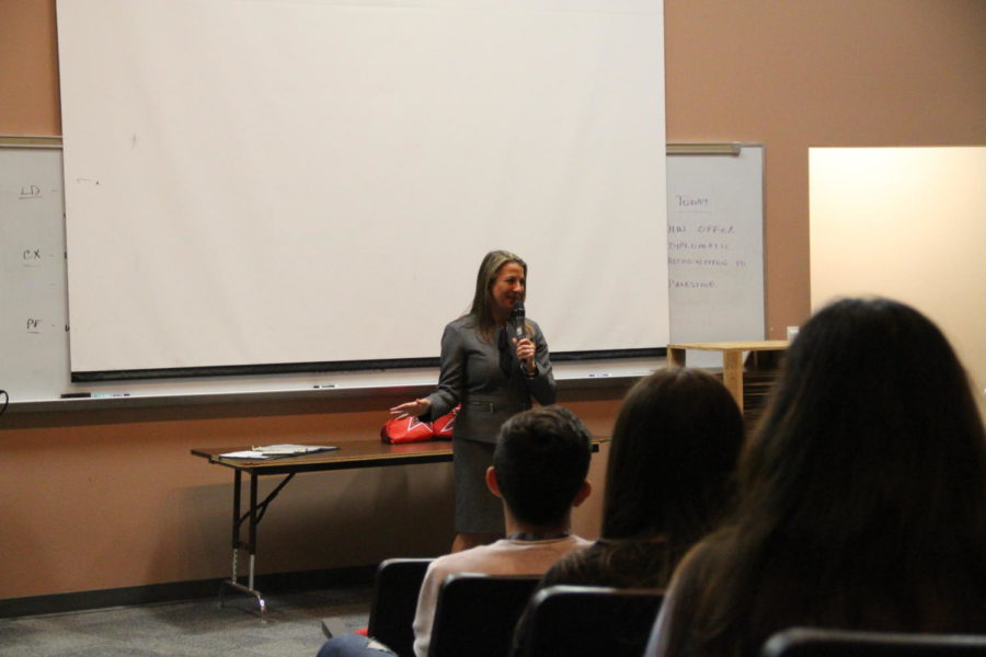 Texas Secretary of State Ruth Hughs speaks to Coppell High School government students in the lecture hall about the importance of registering to vote. Hughs was recently appointed State Senator by Governor Greg Abbott and explained the details of her job to the students.