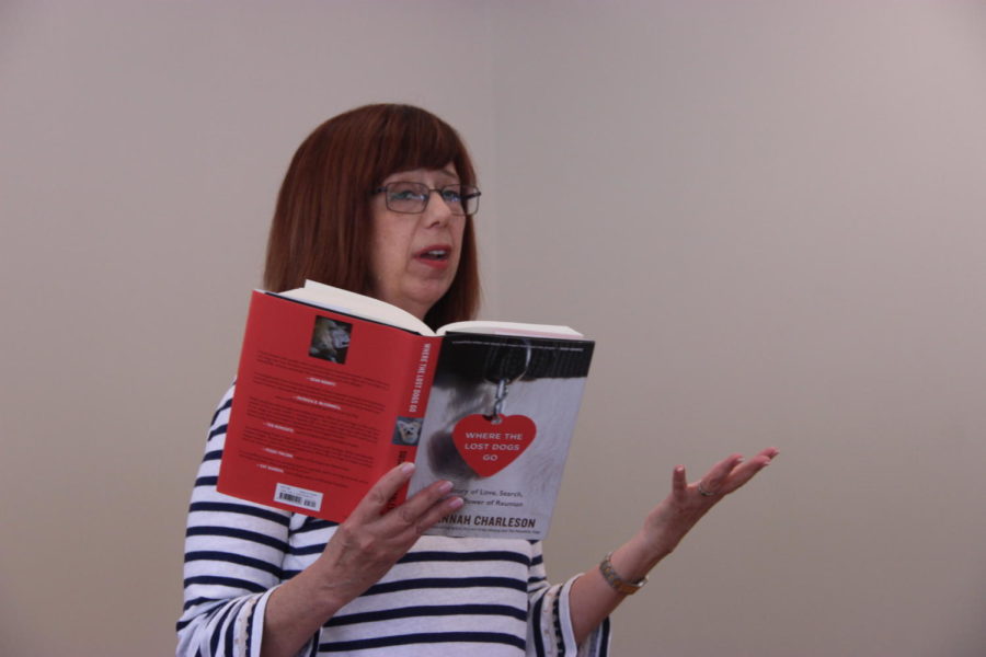 Author Susannah Charleson reads a short section in her latest book Where the Lost Dogs Go at the Cozby Library and Community Commons on Sunday. The story highlights the importance of keeping pets in a secured area.